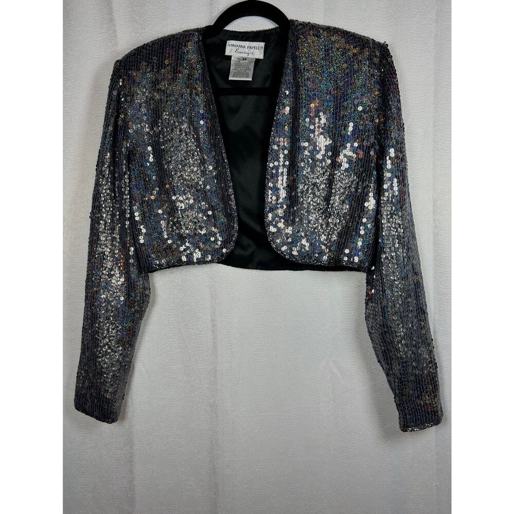 Adrianna Papell Sequin Bolero Jacket Silver Black Evening Formal Crop Sz M